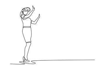 Excited smiling businesswoman wearing virtual reality glasses. Technology in service concept. Single line draw design. Vector graphic illustration