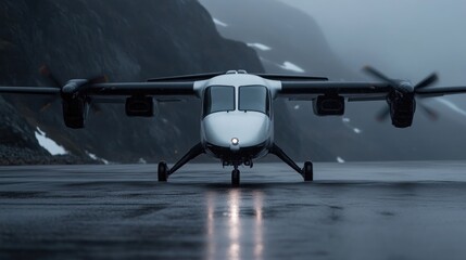 Modern aircraft on wet tarmac, mountain backdrop