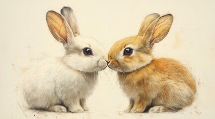 Adorable white and brown rabbits nuzzling each other lovingly