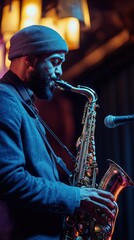 Musician enchants audience with soulful saxophone melodies during an intimate evening performance Generative AI
