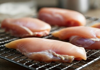 Fresh chicken breasts arranged on a wire rack for preparation