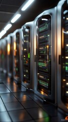 Obraz premium Server racks in a modern data center illuminated with soft lights during late evening hours showcasing advanced technology