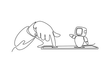 Person interacting with a friendly AI chatbot on a tablet. Technology in business concept. Single line draw design. Vector graphic illustration