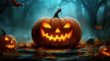 Spooky Halloween Pumpkin Jack-o'-lantern in Forest