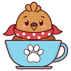 Adorable Brown Chick with Polka Dot Scarf Sitting in Blue Paw Print Cup Cartoon