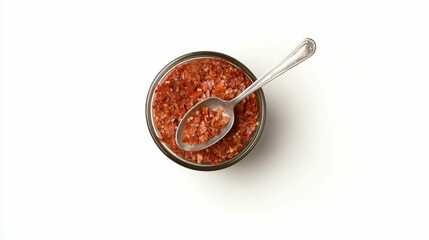 Realistic chili pepper flakes in glass jar with spoon on white background