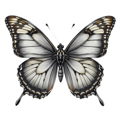 Elegant Monochrome Butterfly Illustration, Detailed drawing of a butterfly in grayscale.