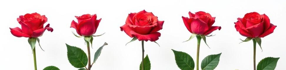 Single rose in various bloom stages against pure white , rose stages, white backdrop