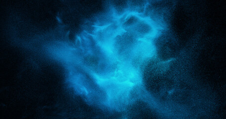 Glowing blue particle burst. Abstract, ethereal cloud on a dark background. Dynamic light and texture. 3D render