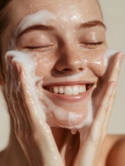 Smiling young woman washing her face with foam cleanser enjoying skincare routine