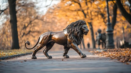 Majestic Bronze Lion Statue in Autumn Park Setting