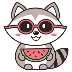 Smiling Raccoon Wearing Pink Glasses Holding Watermelon Slice, Summer Icon, Cartoon
