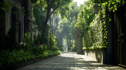 Fototapeta premium Sunlit Urban Street Lined With Green Trees Buildings and Sidewalks Creating Tranquil Atmosphere