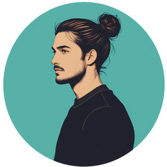 Man with Top Knot Hairstyle, Stylish male portrait, top knot hairstyle, profile view.
