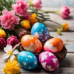 Obraz premium Colorful Easter eggs and blooming spring flowers in bright cheerful scene