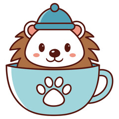 Fototapeta premium Cute Cartoon Hedgehog in Blue Cup with Paw Print Wearing a Blue Hat. Isolated