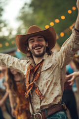 Friends dancing in cowboy outfits at festival  -  