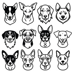Fototapeta premium Dog breeds heads vector. Pet portrait in style of hand drawn black doodle on isolated background