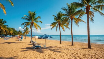 Obraz premium Tranquil tropical beach with palm trees, sun loungers, and umbrellas under clear blue sky 