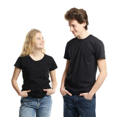 Young woman and man wearing blank black t-shirts on white background. Mockup for design