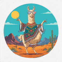 Cool Llama in Desert, Llama wearing sunglasses and poncho in desert landscape.
