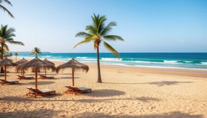 Fototapeta premium Serene tropical beach with palm trees, thatched umbrellas, and lounge chairs under bright blue sky