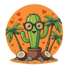 Cute Cactus Character Illustration, Happy cactus wearing glasses near palm trees and coconuts.