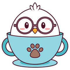 Cute Chick Cartoon Character Wearing Glasses in Blue Cup with Paw Print Clipart