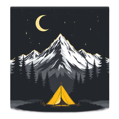 Night Camping in Mountains, Yellow tent under starry night sky, majestic mountains