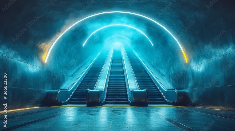 Aufkleber a brightly lit escalator in a subway station guides commuters with vibrant neon lights, highlighting