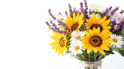 Obraz premium Sunflowers daisies and lavender in a vase against white backdrop