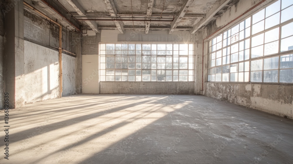 Aufkleber sunlit empty industrial space with large windows, showing worn walls and floor.