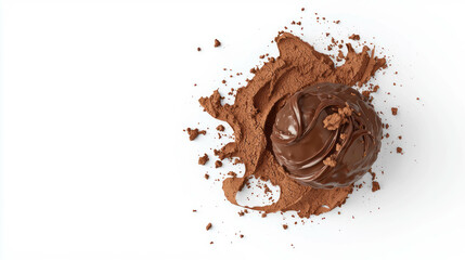Fototapeta premium Luxurious chocolate curls on rich cocoa powder background for gourmet dessert design