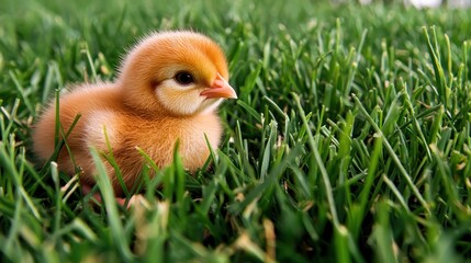Cute fluffy chick exploring vibrant green grass in a sunny outdoor setting, symbolizing spring