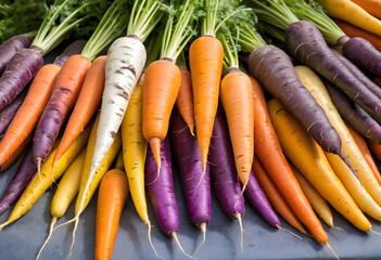 A colorful display of rainbow carrots, from orange to purple to yellow.