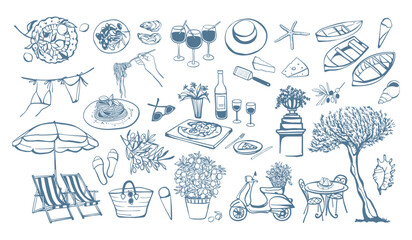 Italian style vacation hand drawn illustrations set. Mediterranean food, plants and seaside attributes
