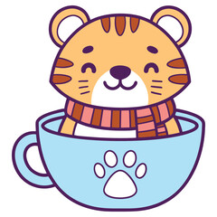 Fototapeta premium Cartoon Tiger Cub in Blue Cup with Paw Print and Scarf