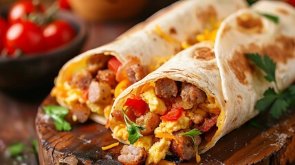Fast food breakfast burrito with egg and sausage