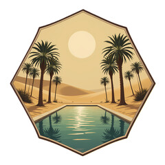 Oasis in Desert Landscape, Palm trees, water, and desert sun.