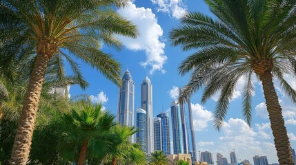 Fototapeta premium Skyscrapers rise majestically under a vibrant blue sky amidst swaying palm trees in Dubai Generative AI