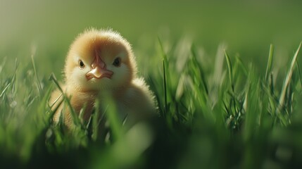 A fluffy chick peeking through lush green grass in a serene outdoor setting, symbolizing new life