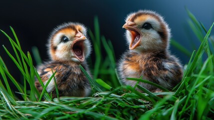 Two adorable chicks chirping in lush green grass, with a soft blurred background highlighting nature