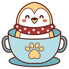 Kawaii Penguin with Scarf Sitting in Blue Cup With Paw Design