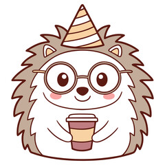Cheerful Hedgehog with Glasses and Party Hat Holding Coffee Cup on White