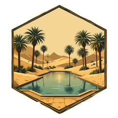 Oasis in Desert Landscape, Serene desert oasis with palm trees and pool.