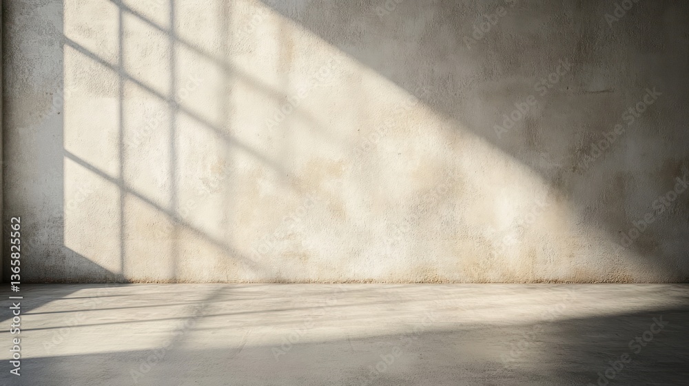 Poster sunlit empty room with textured wall and concrete floor.