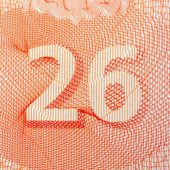 Close-up of intricate orange number 26 design on white background.