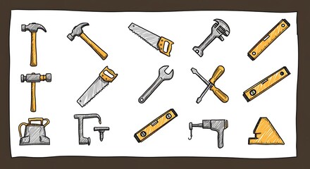 Assorted Hand Tools Arranged on White Background for Repairing or Building