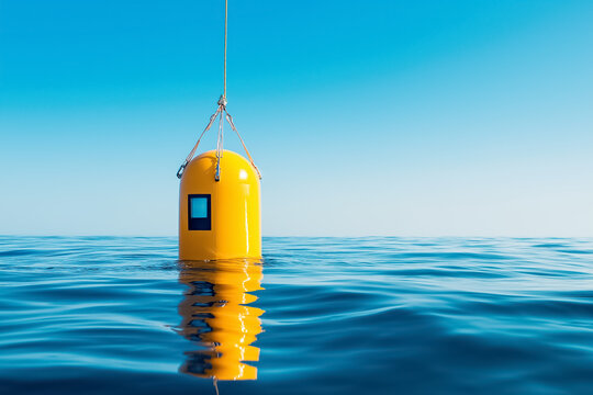 Yellow buoy floating on calm ocean water with clear blue sky background. Reflects coastal tranquility and marine safety. Concept of maritime navigation, coastal tourism, ocean exploration
