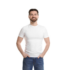 Fototapeta premium Man wearing blank t-shirt on white background. Mockup for design